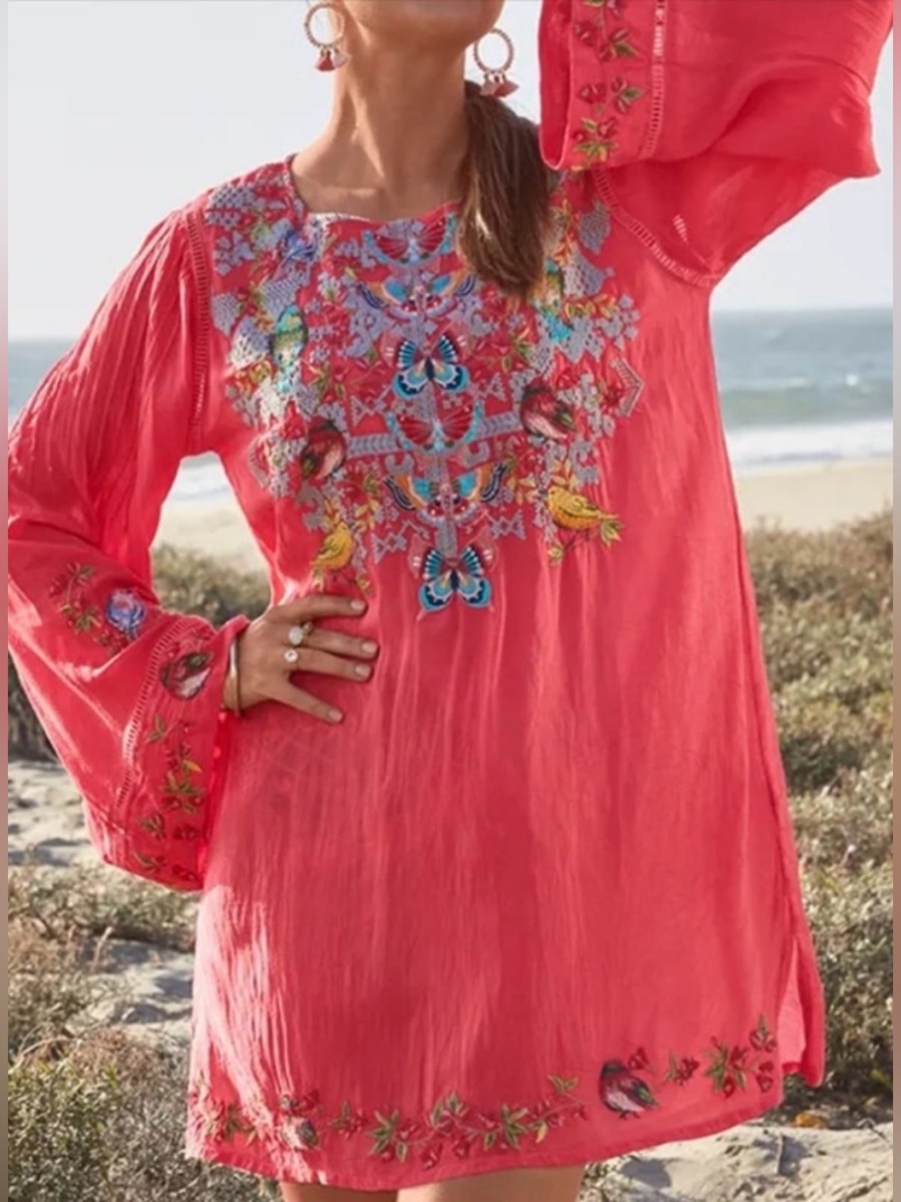 Johnny Was Farfalla Embroidered Coral Tunic Top with Butterfly and Bird  Detail